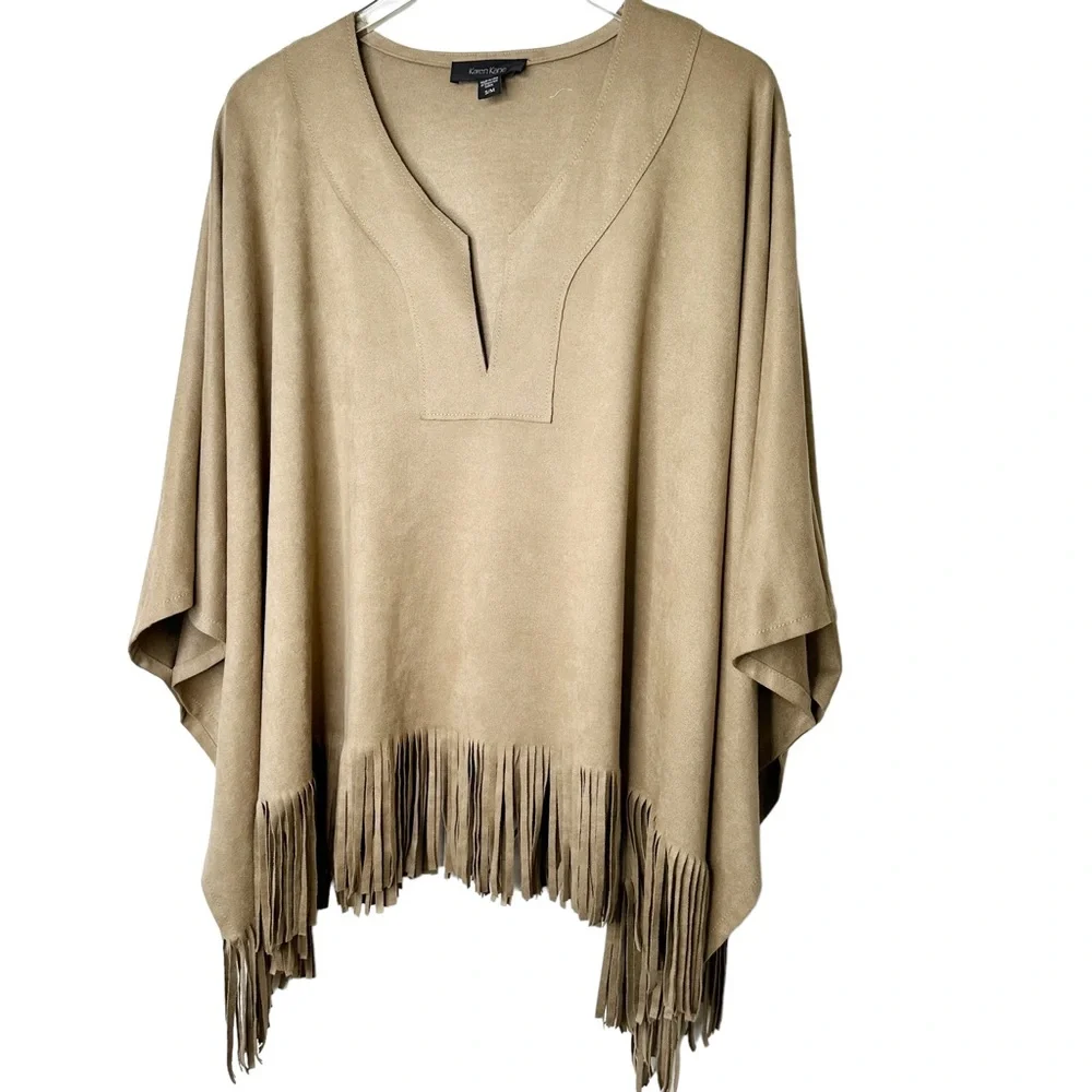 Karen Kane Faux Suede Tan Fringe Cape Large - Picture 2 of 12